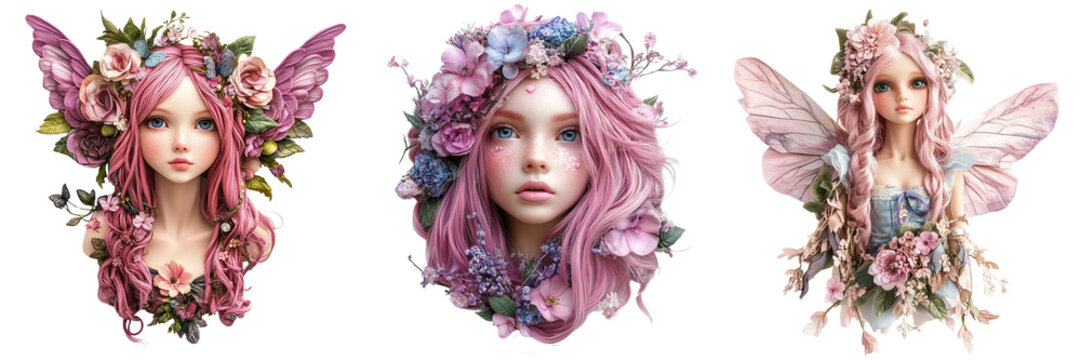 Set of A woman wearing a whimsical fairy costume with a delicate flower crown, standing in a sunlit forest with soft rays of light filtering through the trees on transparent png background