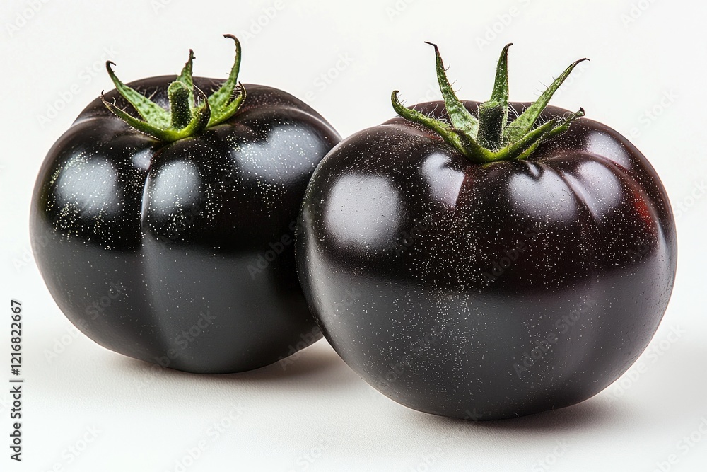 Poster dark glossy black tomatoes hints of red and green create striking contrast against pure white backgr
