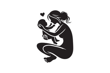 simple and unobtrusive mom and baby child vector silhouette illustration isolated in white background. Happy Mother's Day