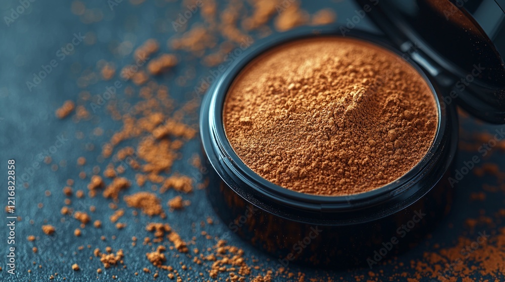 Poster close up captures deep brown face powder matte finish in its case. lighting emphasizes soft texture 