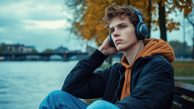 Teen sitting on a bench by the river, headphones in, deep in thought