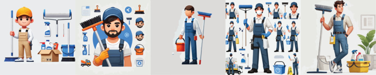vector set of janitor characters