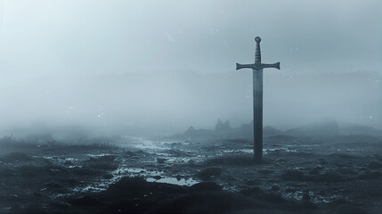 Naklejka premium Sword Shrouded on the ground in a battlefield. Silence of Death After War fog background 