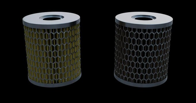 New filter versus Old filter: Clean filter compared to used filter animation; Dirty filter element animation