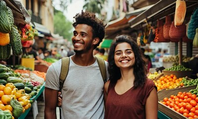 Happy couple enjoying vibrant market scene with fresh produce - Powered by Adobe