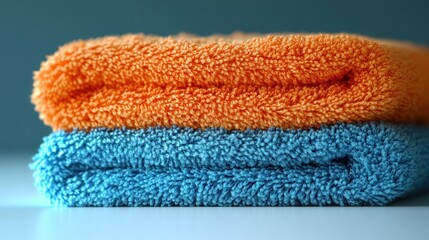 Folded orange and blue bath towels on table