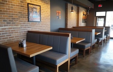 the interior design of an urban, modern restaurant with a dark gray and light wood color scheme, rustic brick walls, gray fabric seating, wooden tables and chairs