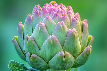Fototapeta premium Detailed close up of fresh artichoke reveals intricate textures and patterns in its green and purple leaves enhanced bright white background for visual clarity.