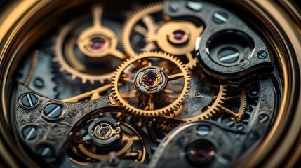 Intricate close-up of a mechanical watch's gears and components, showcasing craftsmanship.