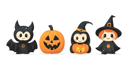 Cute Halloween characters bat, pumpkin, witch.
