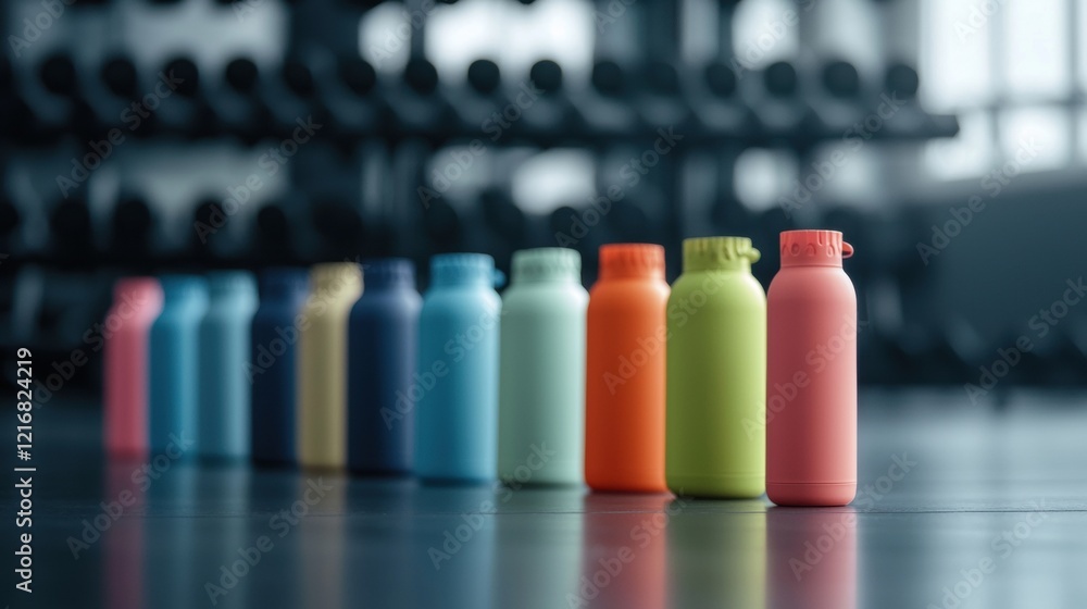 Poster row of colorful water bottles lined up in a row on a black surface. the bottles are of different siz