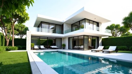Fototapeta premium Modern Luxury Villa Exterior with Pool and Garden - Stunning AI Photo