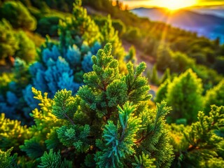 Fototapeta premium Aerial View of Juniper Branches Against Blurred Green Landscape - Nature Stock Photo
