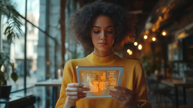 A young entrepreneur holding a transparent tablet with holographic financial data displayed, sitting in a stylish co-working space