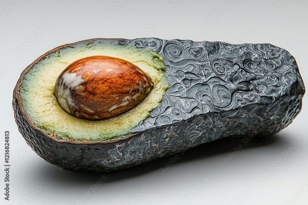 Poster creamy smooth texture of halved avocado is showcased on white background seed perfectly centered emp