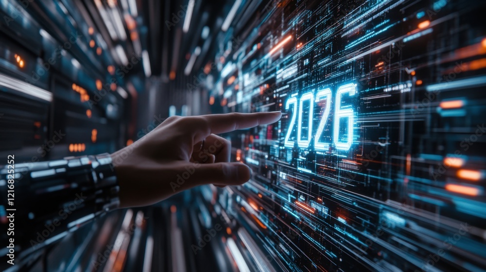 Poster advanced cybernetic fingers touching a bright '2026' hologram, surrounded by tech patterns.