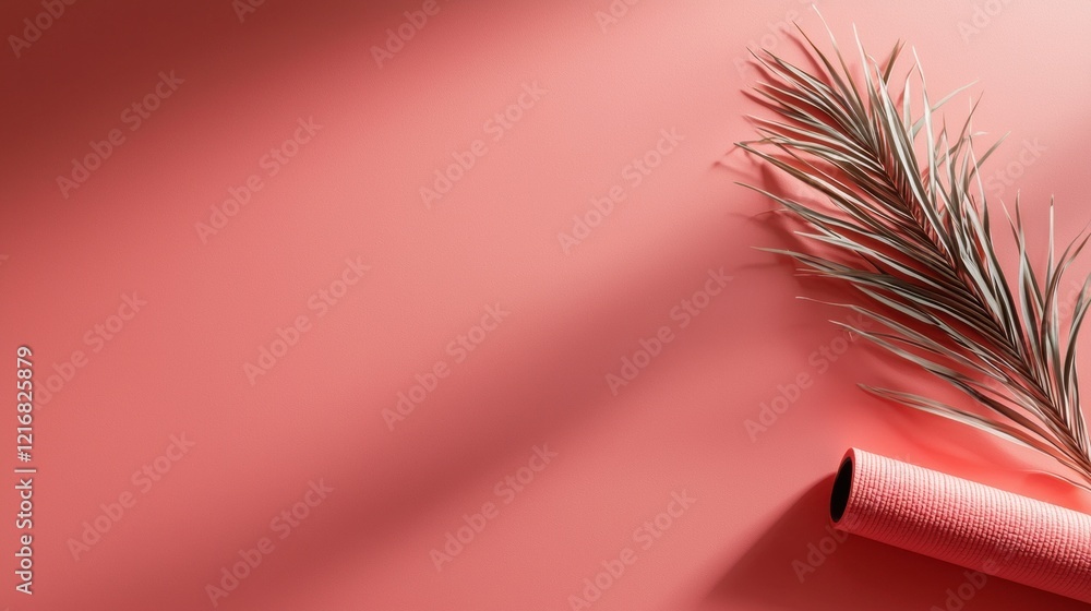 Poster flat lay of a pink background with a roll of pink fabric on the right side. on the left side of the 