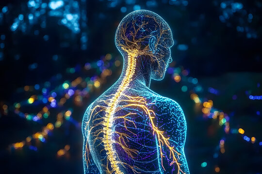 Neuromuscular disorders neon glow nervous system visualizing diseases like ALS myasthenia gravis being treated advanced therapies under Neurology