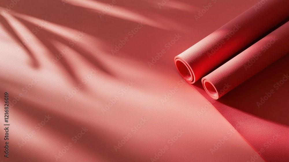 Poster close-up of a red fabric roll on a pink background. the fabric appears to be made of a soft, silky m