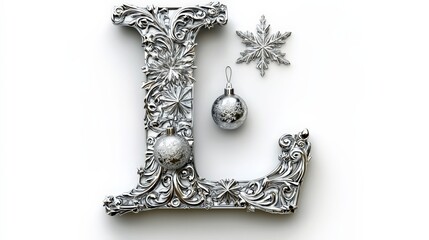 Fototapeta premium Ornate Letter L Decorated with Silver Christmas Ornaments and Snowflake