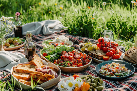 Picnic Spread on a Blanket Featuring Fresh Vegetables, Bread, and Drinks in a Vibrant Green Field During a Sunny Day