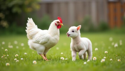 Fototapeta premium White Hen and Lamb in Spring Meadow: A Pastoral Scene