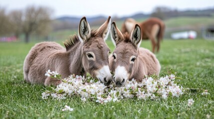 Brown donkeys enjoy grazing among vibrant green grass surrounded by blossoming almond trees in spring's warm embrace