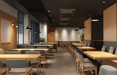 A modern rustic restaurant interior with dark wooden walls, grey fabric seating, and tables arranged in an L-shaped layout.