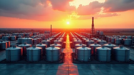 Sunset over Industrial Storage Tanks Rows of large metal cylindrical containers at an industrial facility, reflecting the vibrant colors of the setting sun, creating a dramatic and picturesque scene.