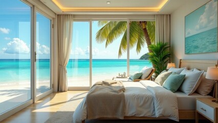 Fototapeta premium Oceanfront Bedroom Sanctuary Serene Coastal Retreat with Stunning Beach Views and Luxurious Bedding