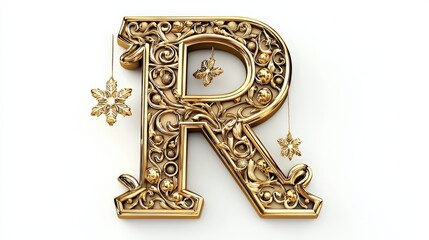 Ornate Golden Letter R with Decorative Elements for Christmas Style