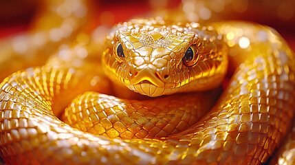 Fototapeta premium A majestic golden snake coils on a red background adorned with traditional couplets, its shimmering scales and piercing eyes symbolizing prosperity and wisdom.