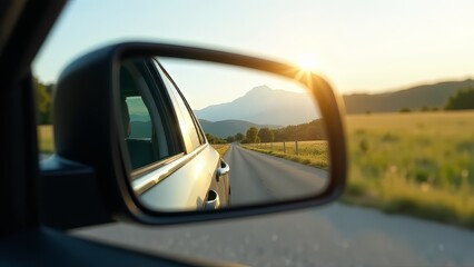 Countryside Roadside View in Car Mirror - Scenic Landscape