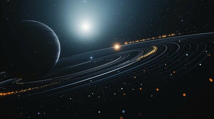 Fototapeta premium A sleek satellite orbiting the universe with glowing edges, planets surrounding it, and minimalist stars on a dark background