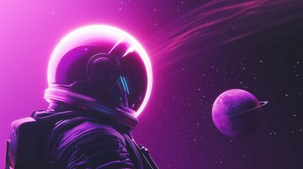 An astronaut with glowing edges, sleek satellite, and minimalist stars on a dark purple background, high contrast