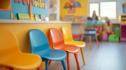 Bright and cheerful dental clinic waiting area showcasing colorful chairs and playful toys for children