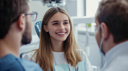 Obraz premium Orthodontist explains braces process to a cheerful teenager in a modern dental office