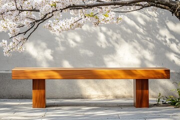 A clean wooden bench under a blossoming tree in an urban park with soft light. picture
