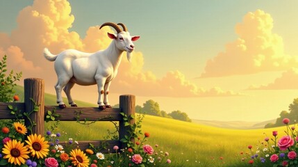 A Serene White Goat Perched on a Rustic Fence, Amidst a Vibrant Meadow at Golden Hour