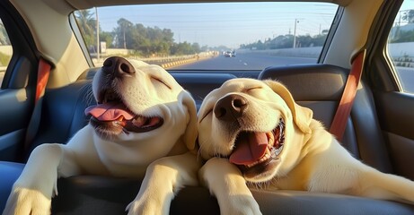 Deux chiens de race labrador, couleur sable, dormant paisiblement sur le siège arrière d'une voiture roulant sur l'autoroute.