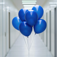 Many blue balloons on the background of a gray office corridor presented as Severance