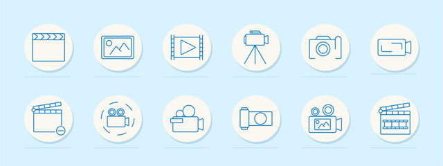 Cinema set icon. Clapperboard, image frame, film reel, camera, tripod, recording, editing tools. Represent filmmaking, photography, and video production