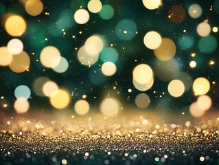 A festive, glittery background with green and gold sparkles and bokeh light effects.
