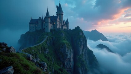 Obraz premium A Majestic Castle Perched High Atop a Verdant Mountain Peak, Enveloped in a Serene Sea of Clouds at Dawn