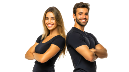 Smiling Young Fitness Couple in Casual Wear Reflecting Confidence and Happiness in Gym