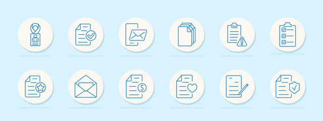 Documents set icon. ID badge, checklist, mobile mail, folders, alert, clipboard, star document, envelope, financial paper, heart document. Represent communication, management, and documentation