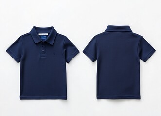 A navy blue polo shirt mockup template with front and back view, isolated on a white background. Mock-up of a man's t-shirt for design presentation or graphic artwork, with no text. Stock photo, 2/3 s