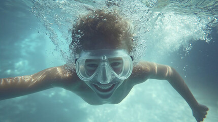 Fototapeta premium Playful Child Snorkeling in Clear Blue Water During Summer Adventure