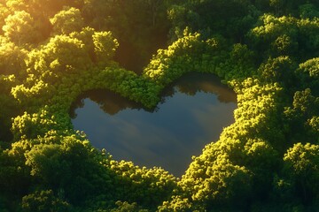 A heart-shaped lake surrounded by dense green trees, bathed in warm, golden light, creating a serene atmosphere.