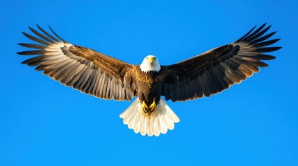 Obraz premium Majestic eagle soaring against golden sunset in vibrant blue sky